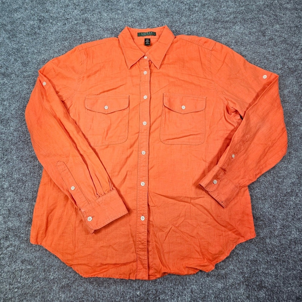 Lauren Ralph Lauren Linen Shirt Womens Large L Coral Orange Roll Tab Utility * - Picture 1 of 7